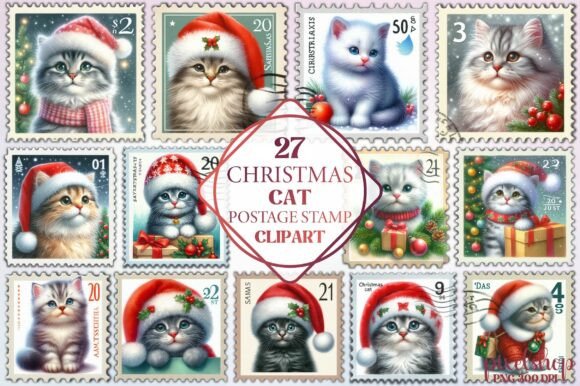 Christmas Cat Postage Stamp Clipart Review
