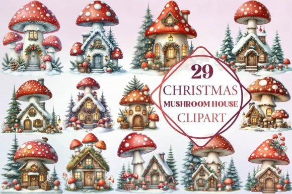 Christmas Mushroom House Clipart: Illustrations for Branding