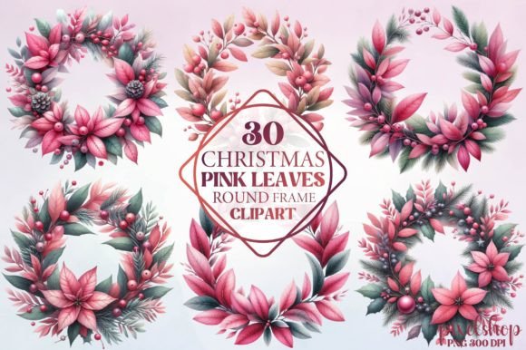 Christmas Pink Leaves Round Frame: Illustrations for Crafters