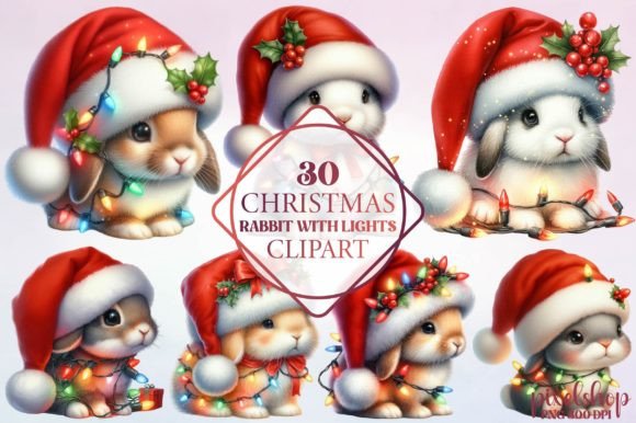 Christmas Rabbit with Lights Clipart: Festive Illustrations for Crafters