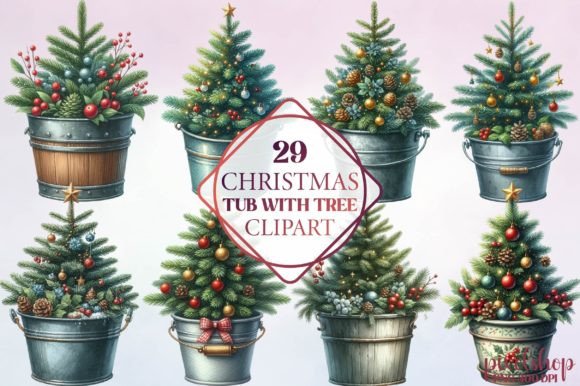 Christmas Tub with Tree Clipart: Festive Illustrations for Crafters