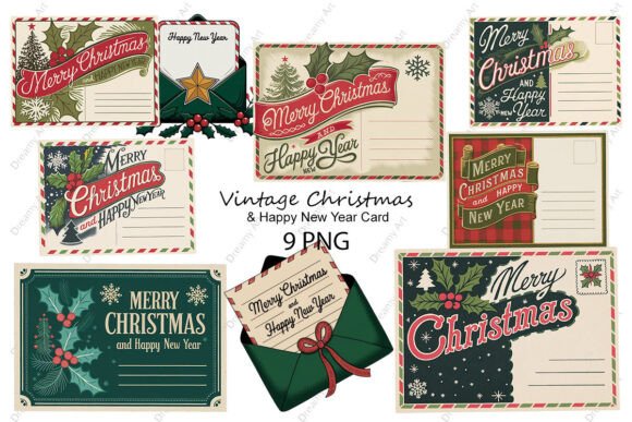Vintage Christmas Happy New Year Card Illustrations