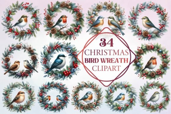 Watercolor Christmas Bird Wreath Clipart Freebies
