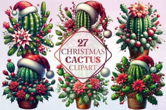 Watercolor Christmas Cactus Clipart for Brand Illustrations