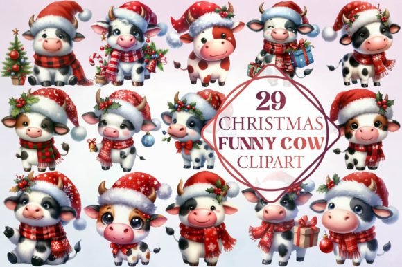 Watercolor Christmas Funny Cow Clipart for Brand Illustrations