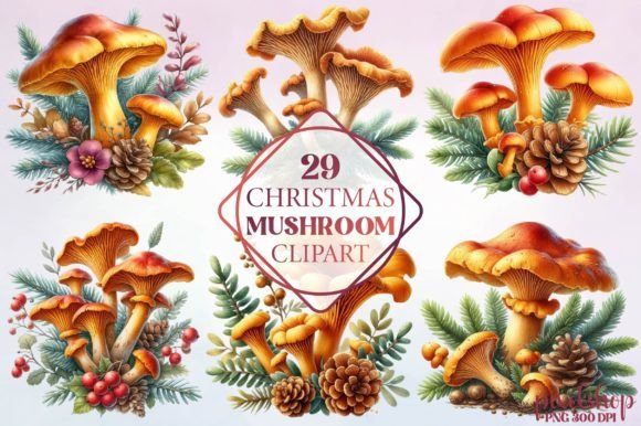 Watercolor Christmas Mushroom Clipart
