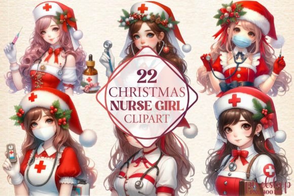 Watercolor Christmas Nurse Girl Clipart & Illustrations