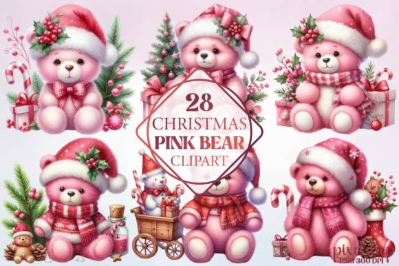 Watercolor Christmas Pink Bear Clipart & Illustrations