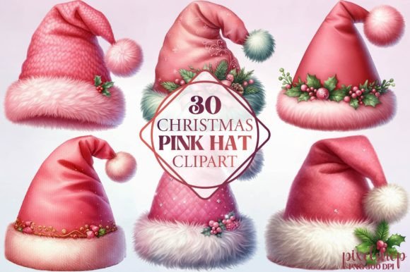 Watercolor Christmas Pink Hat Clipart for Illustrations