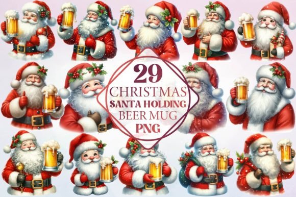 Watercolor Christmas Santa Holding Beer Illustrations Review
