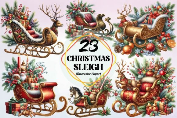 Watercolor Christmas Sleigh Clipart for Illustrations